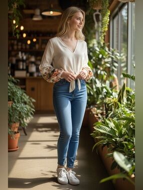 SHEIN Cream Floral Tie-Front Blouse